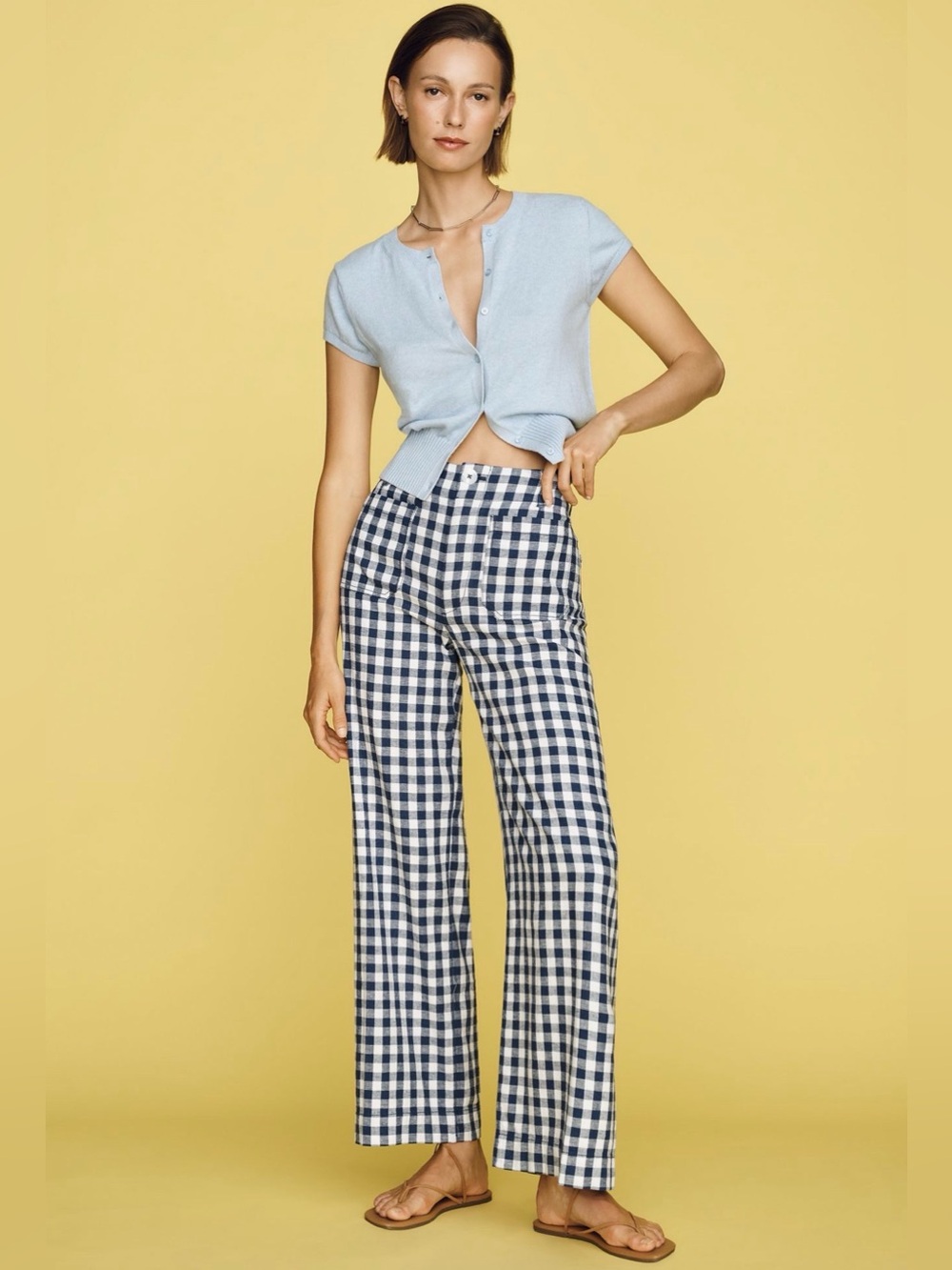 Anthropologie Colette Linen Wide Leg Pants by Maeve in Gingham Navy, Size 29T